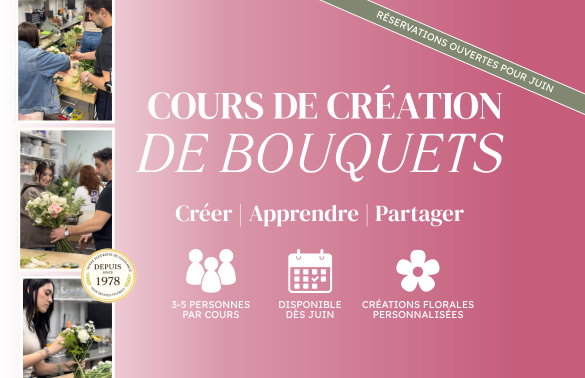 Cours de création de bouquets à Montréal chez Fleurs en Vrac MTL avec atelier floral pratique en petit groupe.
