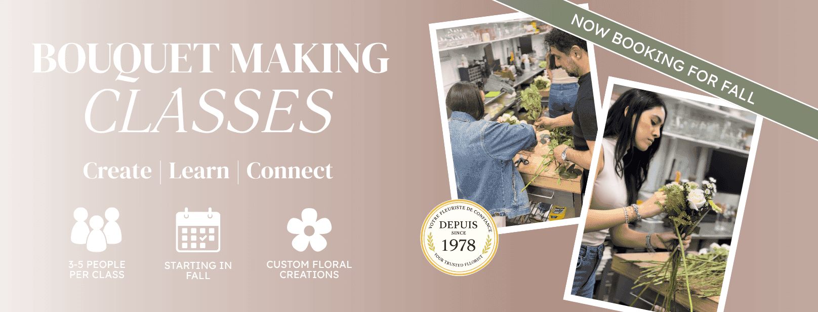Bouquet-making classes in Montreal with hands-on floral design instruction at Fleurs en Vrac MTL