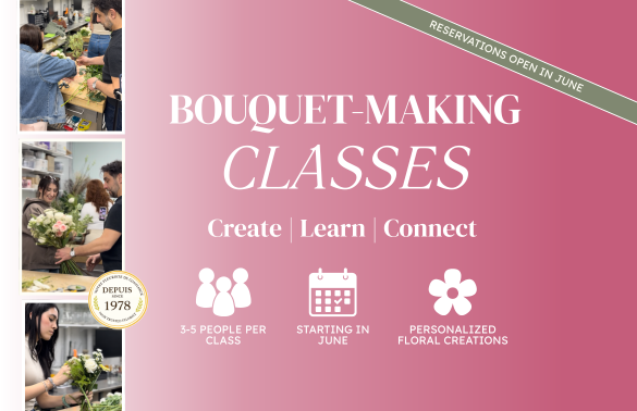 Bouquet-making classes in Montreal at Fleurs en Vrac MTL featuring hands-on floral workshops in small groups.